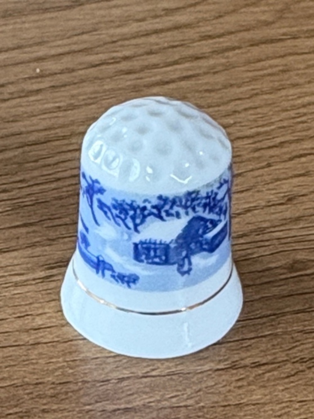 Blue and White Porcelain Thimble with Gold Band